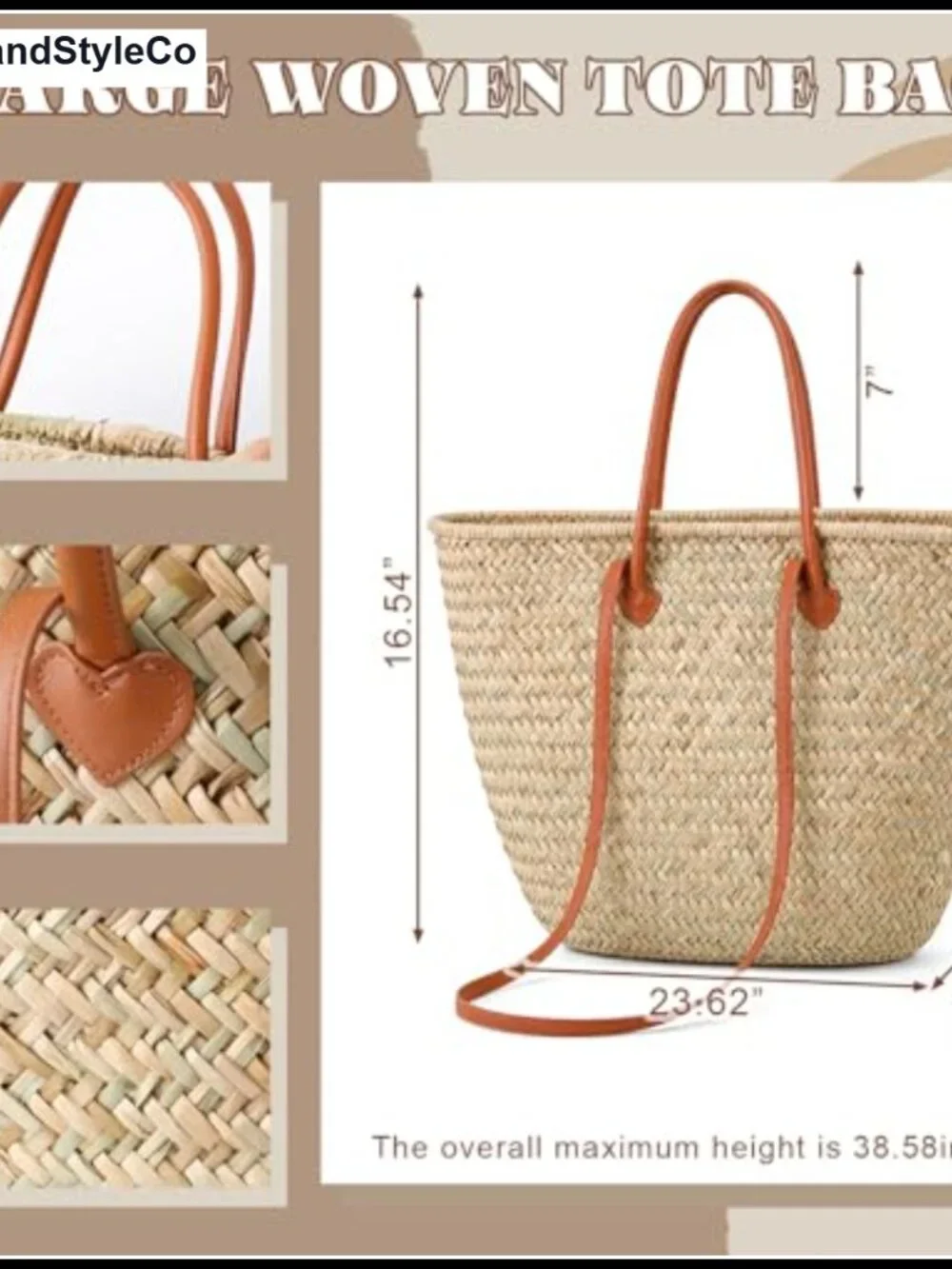 Oversized Straw Basket Tote Bag with Leather Handles & Drawstring